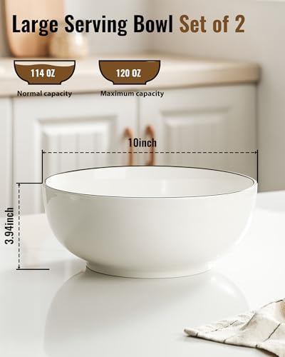 Salad Bowls, 120 OZ(10") Large Serving Bowls Set of 2, Ceramic White Serving Bowls for Salad, Soup, Pasta and Dinner, Large Porcelain Bowl Set for Entertaining with Black on the Rim - Thumbnail 5