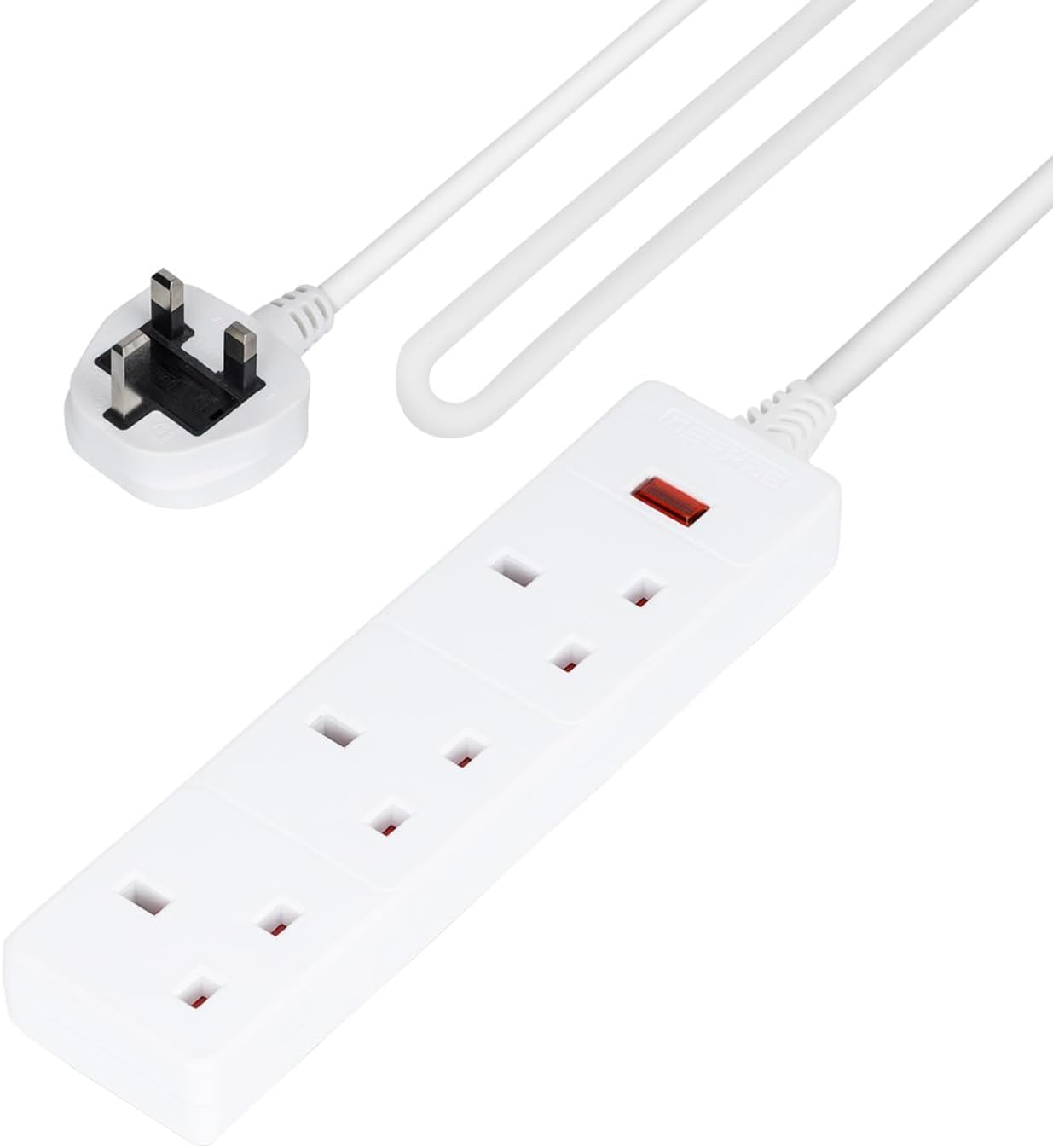 3M Extension Lead with 4 Way Socket, Heavy Duty Power Strip with Neon Indicator Light, Multi Socket Adapter for Home, Office, Living Room, Camping Essentials,3 meter Extension Cable. (3-socket)