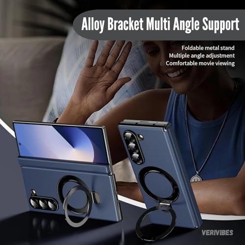 Image of Premium Leather Texture Case Compatible with Samsung Galaxy Z Fold 6 | Magnetic Ring Kickstand | 360 Hinge Protection | Slim Shockproof Back Cover | Wireless Charging Support - Navy Blue