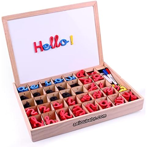 Montessori Magnetic Numbers and Letters. Movable Cursive Alphabet. Educational Children’s Game. Learn, Read, Write. Wooden Box, Multilingual Symbols, Chalk, Marker Pens, Rubber, Black/Whiteboard Cover