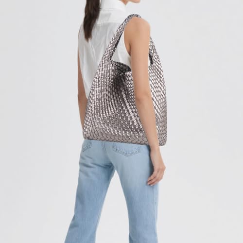 Image of Woven Tote Bag For Women, Large Vegan Leather Travel Handbag, Casual Work Shoulder Bag, Underarm Commuter Hobo Bag With Purse