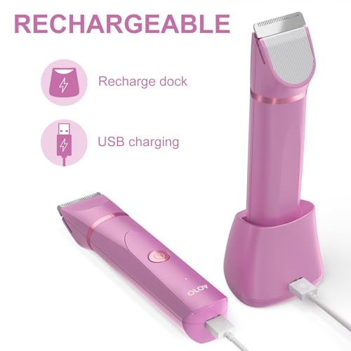 Image of OLOV Electric Body Hair Trimmer - Groin Trimmer for Men - Bikini Trimmer Women - Wet /Dry Shaver Groomer, Replaceable Ceramic Blade Heads, USB Recharge Dock, Waterproof Hygiene Razor, Pink