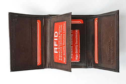 Mens Trifold Leather Wallet RFID Blocking Brown Marshal New