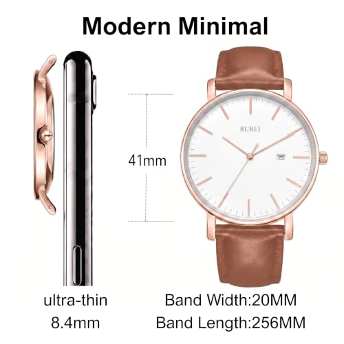 Image of BUREI Men's Fashion Minimalist Wrist Watch Analog Date with Leather Strap