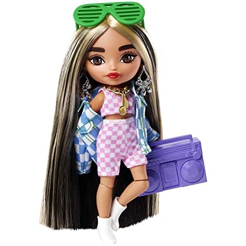 Barbie Extra Minis Doll #2 (5.5 in) Wearing Checkered 2-Piece Fashion & Jacket, with Doll Stand & Accessories Including Shutter Sunglasses and Boombox, Gift for Kids 3 Years Old & Up​ Cover