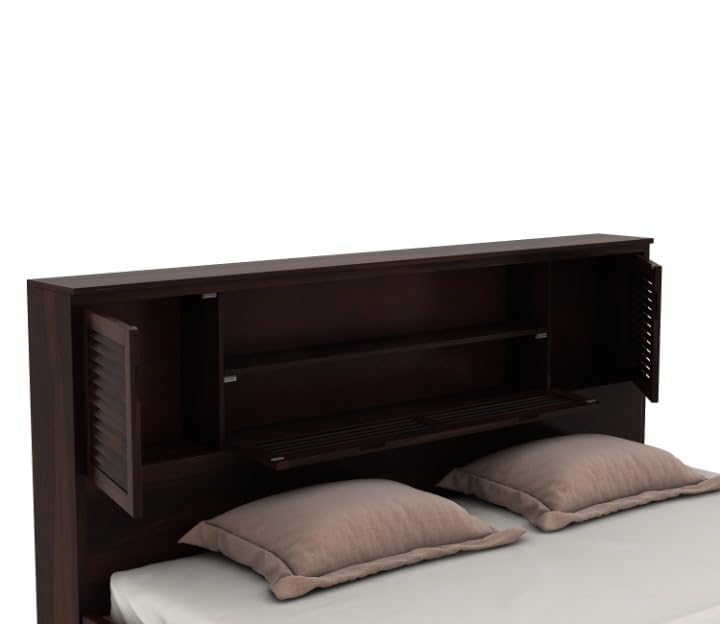 Image of Solid Sheesham Wood Bed with Storage | Wooden Bed with Drawer Storage & Designer Headboard | Strong & Durable Bed Frame for Bedroom Home & Hotel (Walnut Finish, King)