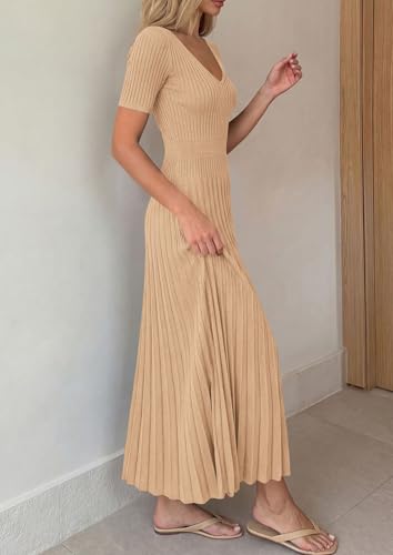 Image of PRETTYGARDEN Women's 2026 Spring Midi Sweater Dresses Elegant Pleated Ribbed Knit Short Sleeve V Neck A Line Summer Outfits