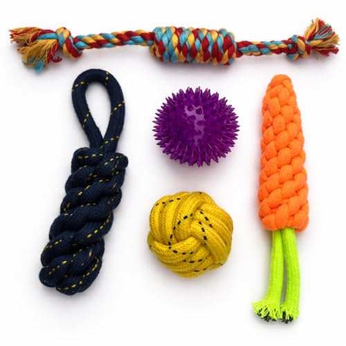 Image of Dog Rope Toy- Pack of 5 for Puppies & Small to Medium Dogs | Durable Cotton Chew | Interactive Tug Toys for Teeth Cleaning, Chewing & Play Toy