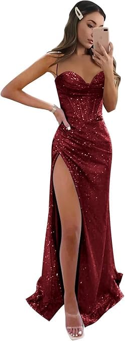 Pailletten-Ballkleider Korsett-Meerjungfrauenkleid mit Schlitz Spaghettiträger-Abendkleider mit Glitzer Burgunderfarben M