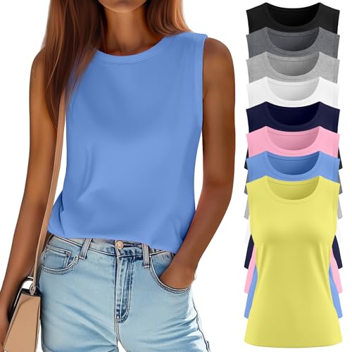 Ficerd 8 Pack Women’s Sleeveless Tops, Crew Neck Loose Fit Tank Tops Basic Summer Trendy Shirts Casual Fashion T Shirts(Cute Colors,X-Large)