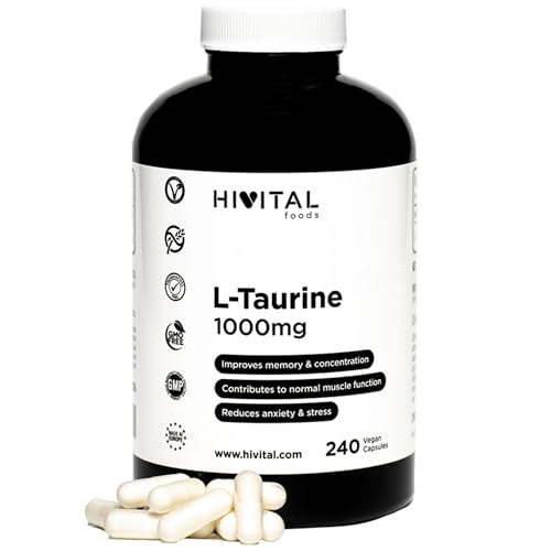 L-Taurina 1000 mg. 240 cápsulas veganas para 4 meses. Aminoácido Taurina para mejorar la memoria y la concentración, combatir el estrés y la ansiedad e incrementar la fuerza y la resistencia