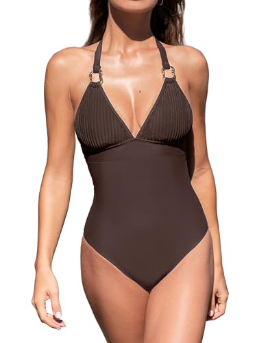 CUPSHE Women's One Piece Swimsuit V Neck Bathing Suit Halter Straps Adjustable Self Tie Swimwear Backless Striped, M Brown