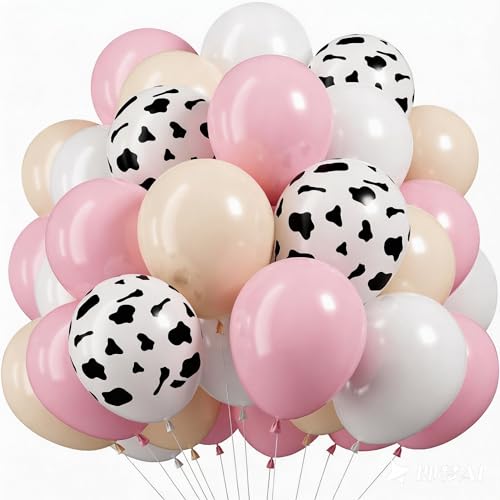 Image of HILAVO Cowgirl Balloon 12 Inch Pastel Light Baby Pink White Nude Retro Western Balloons Cow Print Party Balloon for Boho Rodeo Baby Shower Birthday Farm Theme Cowgirl Western Party Decorations