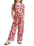 Haloumoning Girls Floral Jumpsuit Kids Fashion Short Sleeve Belted Wide Leg Romper One Piece Outfits with Pockets
