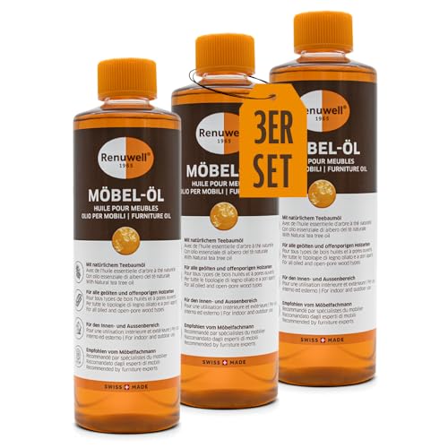 Renuwell Möbel-Öl, 3x 500 ml – Natürliches Pflegeöl für Holz mit Leinöl und Teebaumöl, farblos, Schutz für geölte und unbehandelte Holzoberflächen, Schweizer Qualität