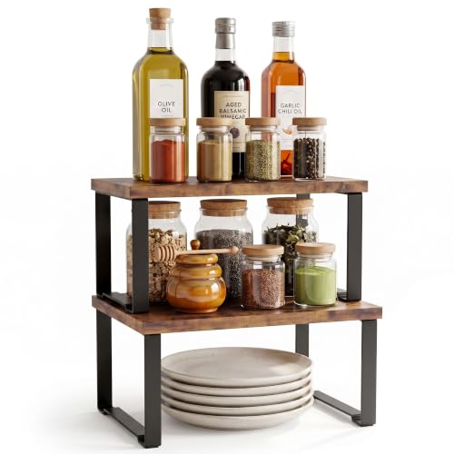 Cabinet-Organizer-Shelf-Counter-Shelves-Set-of-2-Expandable-Spice-RackKitchen-Storage-RiserStackable-for-Kitchen-Countertop-Office-Desk-Living-Room-Rustic-Brown Cabinet Organizer Shelf, Counter Shelves Set of 2, Expandable Spice Rack,Kitchen Storage Riser,Stackable, for Kitchen, Countertop, Office Desk, Living Room, Rustic Brown - Image 1