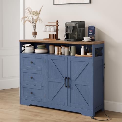 Image of 47 inch Blue Farmhouse Storage Cabinet with Barn Doors and Drawers, Sideboard | Buffet Cabinet with Storage, Kitchen Pantry Hutch, Coffee Bar Station Table for Kitchen, Living, Dining Room