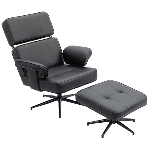 HOMCOM Fauteuil de Relaxation avec Tabouret, Fauteuil TV avec appuie-tête réglable, Fonction allongée, Fauteuil TV en Cuir synthétique pour Salon, Chambre...
