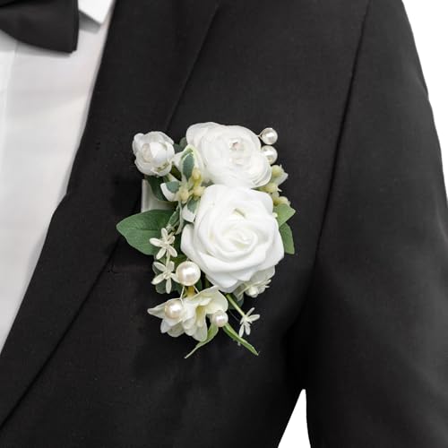 Ling's Moment Pocket Boutonniere Single, Boutonniere for Men Groom for Wedding, Prom, Homecoming, Anniversary, Graduation, etc.White Ranunculus Ivory
