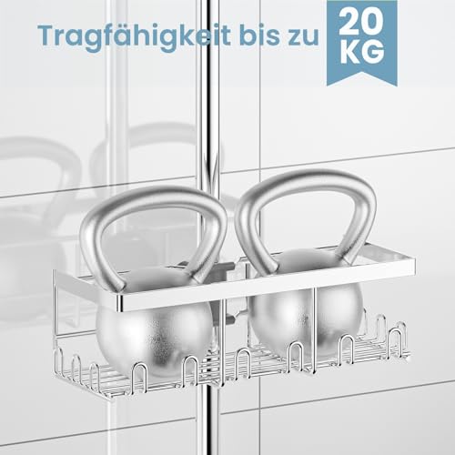 RUIHANDA Duschablage Ohne Bohren, Duschregal für RUNDE Stangen 18mm-25mm Duschstange, Shampoo Halterung für Dusche mit 12 Haken