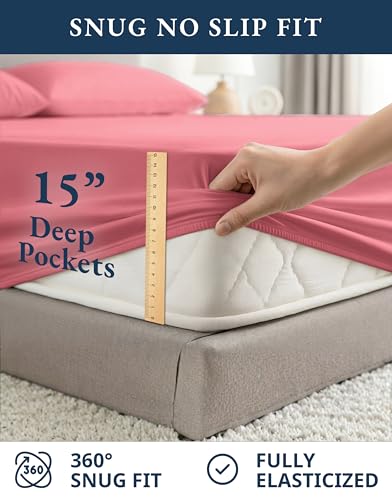 Image of LANE LINEN 100% Organic Cotton Eco Friendly Bed Sheets Extra Long Twin, Soft & Comfy Fully Elasticized Percale, Low Pilling Machine Washable Naturally Cool Twin XL Sheet- Mineral Red