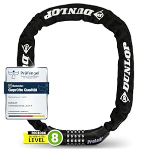 Dunlop Fietsslot, cijferslot, hoge veiligheid, niveau 8-100 cm, fietsslot met 5-cijfercode, ketting voor e-bike, scooter, e-bike, cijfers, fietsslot, Pro Lock, zwart