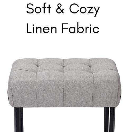 Birdrock Home Rectangular Tufted Grey Foot Stool Ottoman With Black Legs - Linen Vanity Chair - Soft Compact Padded Seat - Bedroom And Kids Room Chair - Metal - Makeup Seat #TOP2