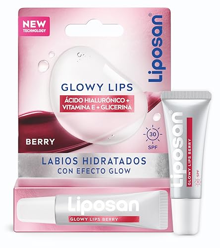Liposan Glowy Lips Berry - Bálsamo Labial Ultrahidratante con Protección Solar SPF30 - Labios con Efecto Glow - Ácido Hialurónico, Vitamina E, Glicerina - Fórmula Vegana - Acabado Brillante - 4,8 g