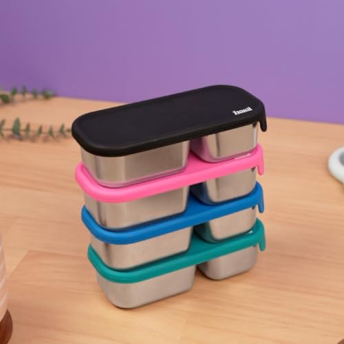 Image of Basil Stainless Steel 2 Compartment Pickle & Dip Container | Chutney Box for Tiffin | Leak Proof Container with Food Grade Silicone Lid | Dip Box for Ketchup & Sauces | School & Office - Blue