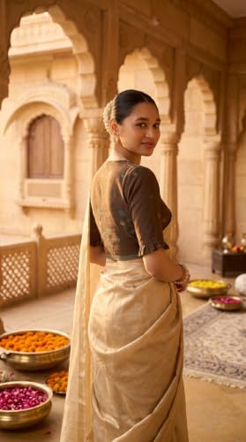 Image of Studio Shringaar Women's Handloom Cotton Jamdani Border Readymade Saree Blouse