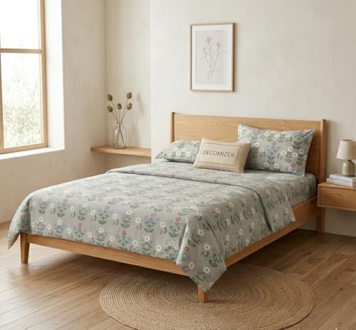 Image of DECOMIZER 240 TC Microfiber Soft Cotton Printed Single Bed Bedsheet for Diwan Bed, Size 60 Inches X 90 Inches, 152 X 230 cm with 1 Large Size Pillow Covers - GreyLeafFlower