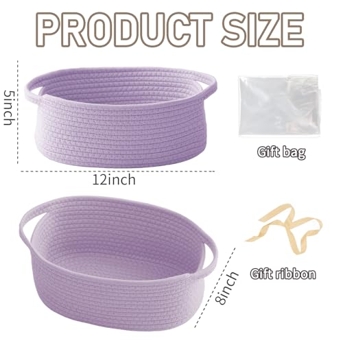Image of JMvicyroam Small Woven Basket, Empty Gift Basket, Purple /3 Pack | Small Gift Basket, Cotton Rope, 12 x 8 x 47 in, Handles, Includes Ribbon and Bag, Birthday Gift Basket