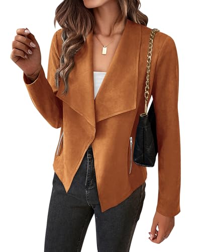 BTFBM Womens Faux Suede Jackets Dressy Spring Summer Clothes 2025 Lapel Long Sleeve Open Front Cropped Outerwear Coats