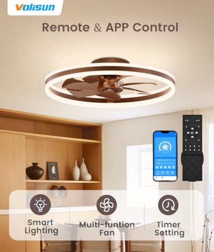 Image of VOLISUN Low Profile Ceiling Fans with Lights and Remote, 24in Flush Mount Ceiling Fans with Light, 3000K-6500K Dimmable Fandelier LED Fan Light, Farmhouse Ceiling Fans with Lights for Bedroom