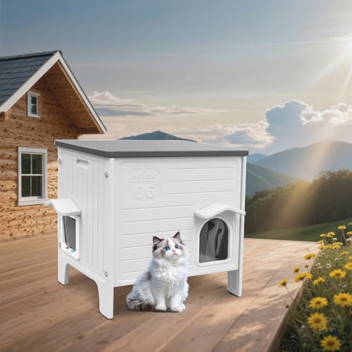 HiCaptain Exclusive Plastic Cat House for Feral Cat, Elevated Outdoor Cat Shelter with Escape Door, Easy Assemble, Weatherproof for Rain/Snow‌ White Large (Patented Design)