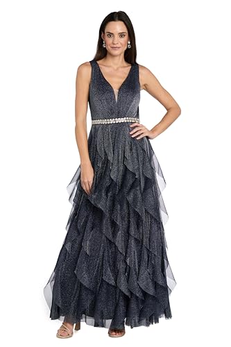 R&M Richards Womens Elegant Metallic Knit Evening Gown W/Tiered Ruffle Skirt & Rhinestone Waistband - Cocktail Party Style