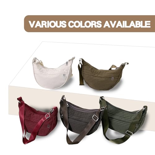 Checkered Nylon Crescent Bag for Women,Moon Bag with Metal Zipper and Card Slots 6