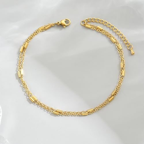 Image of 18K Gold Plated Anklets for Women Dainty Non Tarnish Ankle Bracelets Cuban Link Chain Anklets Layered Heart Beads Rhinestone Anklet Trendy Foot Jewelry