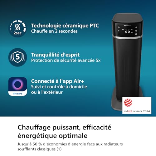 philips radiateur soufflant séries 5000, technologie de chauffage céramique, ia pour économiser de l'énergie, chauffe en 2 secondes et 5 fonctions intégrées, contrôle par app, gris et noir (cx5120/11)