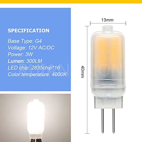 Ruiandsion Lâmpada de LED G4 12V sem cintilação G4 base de dois pinos JC Tybe 3W 4000K branco quente