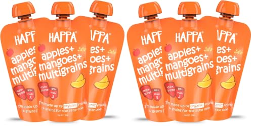Image of Happa Organic Baby Food Apple Mango and Multigrain Puree | 100% Fruits | No Added Sugar, No Milk Powder, No Preservatives | Stage 3 (8 Months+) | Ready to Eat | Free from Common Allergens | Pack of 6 (100g Each)