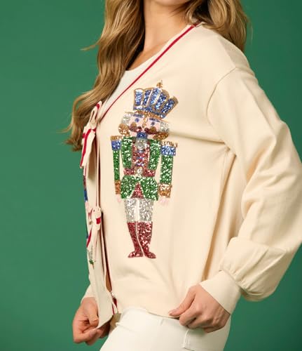 Image of Women Sequin Nutcracker Cardigan Funny Bow Tie Ugly Christmas Sweater Cute Open Front Knitted Long Sleeve Party Top Beige