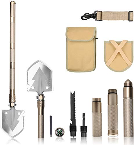 ITTA Outdoor Military Folding Shovel - Tactical Entrenching Tool with Case for Camping Backpacking Hiking Car Snow - Portable, Multifunctional, Compact, Heavy Duty Survival Emergency Kit (Gold)