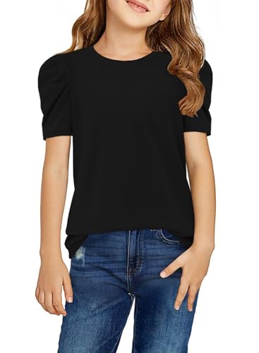 storeofbaby Girls Puff Short Sleeve Shirts Round Neck Tunic Tops Casual Solid Blouses 5-14 Years