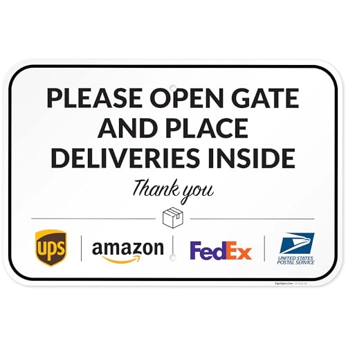Image of Package Delivery Sign, Delivery Instructions Open Gate and Leave Delivery Inside Sign, 12x18 Inches, Rust Free .063 Aluminum, Fade Resistant, Made in USA
