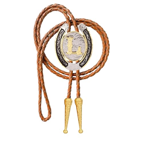 Image of Vintage Western Cowboy Rodeo Initial Letter A-Z Bolo Tie for Men | Premium brown braided leather, adjustable sliding clasp, anti-tarnish alloy pendant, versatile A-Z western bolo tie