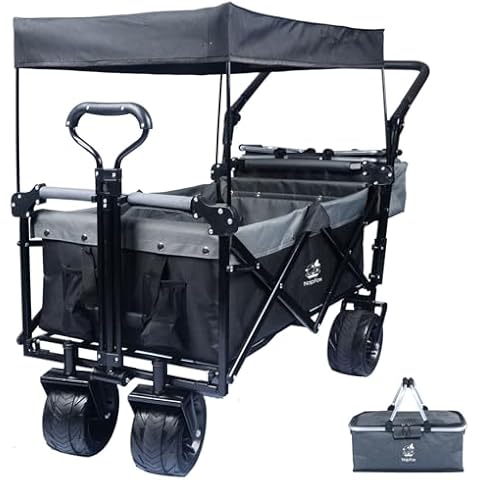 Collapsible Wagon Heavy Duty Folding Wagon Cart with Removable Canopy, Large All Terrain Wheels, Brake, Adjustable Handles, Cooler Bag Utility Beach Carts for Outdoor Garden Wagons Carts Beach Cart Cover