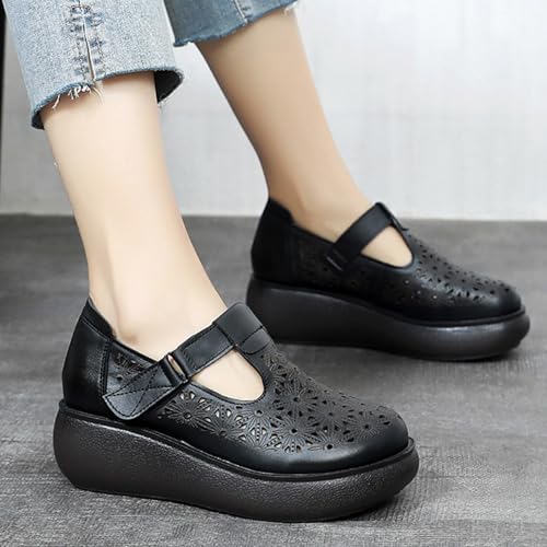 Women's Genuine Leather Hollow Wedge Platform Slip on Rocking Shoes Retro Comfortable Breathable Non-Slip Round Toe Hook Loop Soft Sole Nurse Mom Loafers for Walking Party3