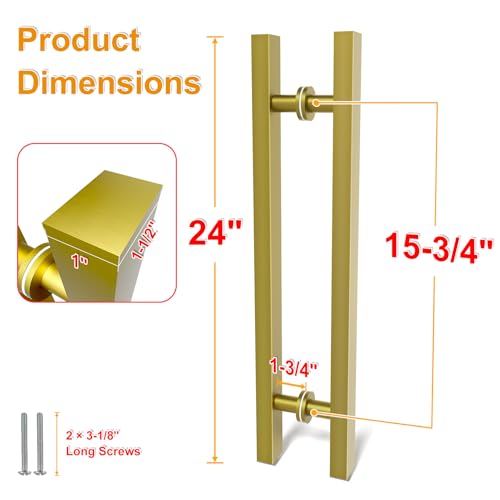 Image of 24 inch Titanium Gold Square Barn Door Pull Handle Double Sided | Heavy Duty 304 Stainless Steel, 15-3 /4 inch Hole Spacing, Fits 3 /4 inch-2 inch Thick Barn, Front Entry, Sliding & Exterior Doors