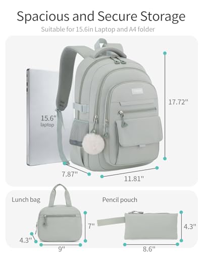 Image of Girls School Backpack Set with Lunch Box, Teens Bookbag for Highschool Elementary Middle School Cute Back Pack, Green-3 packs